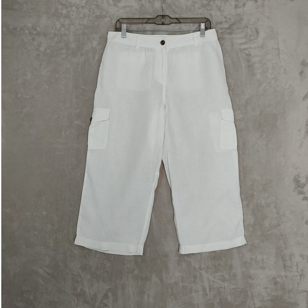 Saks Fifth Avenue Threads 100% Linen Cargo Style Capri Pants White Size 10 Read